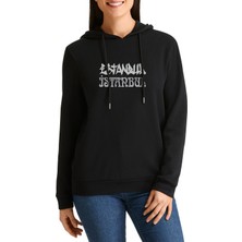 Qivi Ist Istanbul 34 Baskılı Siyah Kadın Örme Kapşonlu Sweatshirt Uzun Kol