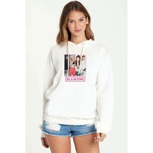 Qivi Kpop Blackpink Black Pink Collage Baskılı Kadın Örme Kapüşonlu Beyaz Sweatshirt Uzun Kol