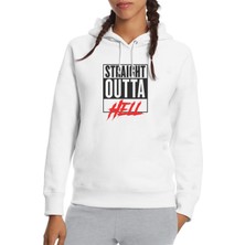 Qivi Lucifer Straight Outta Hell Baskılı Beyaz Kadın Örme Kapşonlu Sweatshirt Uzun Kol