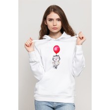 Qivi Watercolor Cat Baskılı Kadın Örme Kapüşonlu Beyaz Sweatshirt Uzun Kol