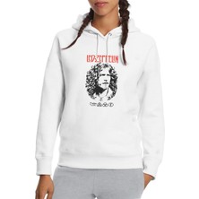 Qivi LED Zeppelın Robert Plant For White Baskılı Beyaz Kadın Örme Kapşonlu Sweatshirt Uzun Kol