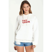 Qivi Iron Maiden Rock Am Ring Metal Baskılı Beyaz Kadın Örme Kapşonlu Sweatshirt Uzun Kol