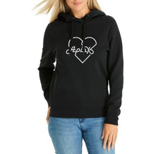 Qivi Apink Logo Kalp Baskılı Siyah Kadın Örme Kapşonlu Sweatshirt Uzun Kol