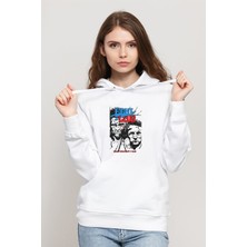 Qivi Fıght Club Rock Baskılı Beyaz Kadın Örme Kapşonlu Sweatshirt Uzun Kol