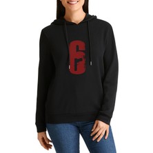 Qivi Rainbow Six 6 Baskılı Siyah Kadın Örme Kapşonlu Sweatshirt Uzun Kol