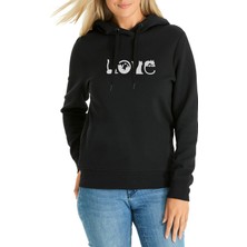 Qivi Kedi Love Baskılı Siyah Kadın Örme Kapşonlu Sweatshirt Uzun Kol