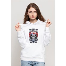 Qivi Alexandria Skull Kuru Kafa Baskılı Beyaz Kadın Örme Kapşonlu Sweatshirt Uzun Kol