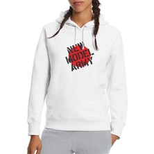Qivi New Model Army Logo Baskılı Beyaz Kadın Örme Kapşonlu Sweatshirt Uzun Kol