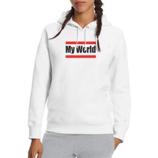 Qivi My World Baskılı Beyaz Kadın Örme Kapşonlu Sweatshirt Uzun Kol