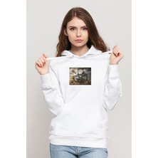 Qivi Stalker Alta Silik Yazı Baskılı Beyaz Kadın Örme Kapşonlu Sweatshirt Uzun Kol