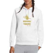Qivi Osmanlı Torunu Tugra 1453 Baskılı Beyaz Kadın Örme Kapşonlu Sweatshirt Uzun Kol