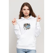 Qivi Black Ducks Igor Zakowskı Baskılı Beyaz Kadın Örme Kapşonlu Sweatshirt Uzun Kol