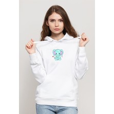 Qivi Kawaii Baby Elephants Baskılı Beyaz Kadın Örme Kapşonlu Sweatshirt Uzun Kol