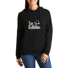 Qivi The Godfather Baskılı Siyah Kadın Örme Kapşonlu Sweatshirt Uzun Kol