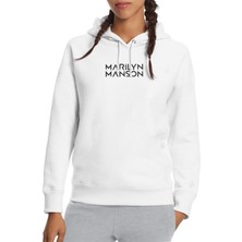 Qivi Marilyn Manson Baskılı Beyaz Kadın Örme Kapşonlu Sweatshirt Uzun Kol