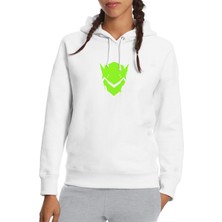 Qivi Overwatch Genji Logo Baskılı Beyaz Kadın Örme Kapşonlu Sweatshirt Uzun Kol
