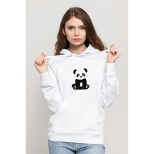 Qivi Panda Baskılı Beyaz Kadın Örme Kapşonlu Sweatshirt Uzun Kol