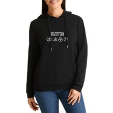 Qivi LED Zeppelin 4lü Logo Baskılı Siyah Kadın Örme Kapşonlu Sweatshirt Uzun Kol