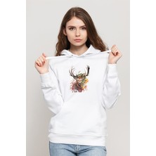 Qivi Watercolor Deer Baskılı Kadın Örme Kapüşonlu Beyaz Sweatshirt Uzun Kol