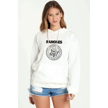 Qivi Ramones Baskılı Beyaz Kadın Örme Kapşonlu Sweatshirt Uzun Kol