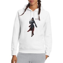 Qivi Assassins Creed Unity Elise Baskılı Beyaz Kadın Örme Kapşonlu Sweatshirt Uzun Kol
