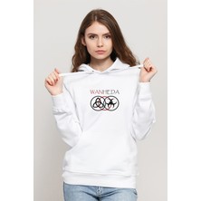 Qivi THE100 Wanheda Baskılı Beyaz Kadın Örme Kapşonlu Sweatshirt Uzun Kol