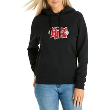 Qivi Riot Logo Baskılı Siyah Kadın Örme Kapşonlu Sweatshirt Uzun Kol