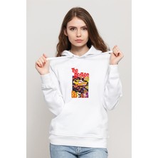 Qivi Beatles Yellow Submarıne Baskılı Beyaz Kadın Örme Kapşonlu Sweatshirt Uzun Kol