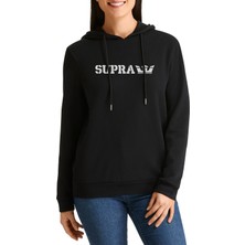 Qivi Araba Supra King Logo Baskılı Siyah Kadın Örme Kapşonlu Sweatshirt Uzun Kol