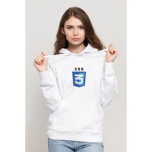 Qivi Css Baskılı Beyaz Kadın Örme Kapşonlu Sweatshirt Uzun Kol
