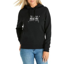 Qivi Metallica Baskılı Siyah Kadın Örme Kapşonlu Sweatshirt Uzun Kol