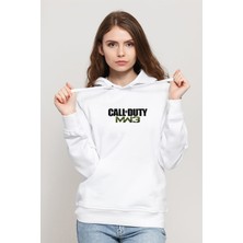Qivi Call Of Dutf Mw3 Baskılı Beyaz Kadın Örme Kapşonlu Sweatshirt Uzun Kol