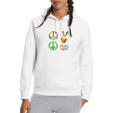 Qivi Peace Hippie Peace Set Of Pacifik Baskılı Beyaz Kadın Örme Kapşonlu Sweatshirt Uzun Kol