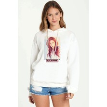 Qivi Black Pink Rose Baskılı Kadın Örme Kapüşonlu Beyaz Sweatshirt Uzun Kol