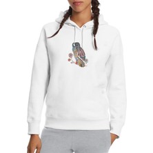 Qivi Kahverengi ve Deniz Mavisi Baykuş Illüstrasyon Baskılı Beyaz Kadın Örme Kapşonlu Sweatshirt Uzun Kol