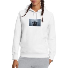 Qivi Marilyn Manson Baskılı Beyaz Kadın Örme Kapşonlu Sweatshirt Uzun Kol