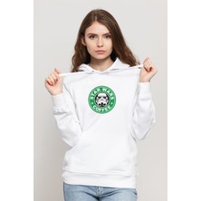 Qivi Star Wars Coffee Baskılı Beyaz Kadın Örme Kapşonlu Sweatshirt Uzun Kol