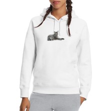 Qivi Kedi Cad Baskılı Beyaz Kadın Örme Kapşonlu Sweatshirt Uzun Kol