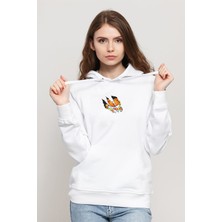 Qivi Kedi Baskılı Beyaz Kadın Örme Kapşonlu Sweatshirt Uzun Kol