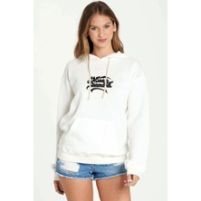 Qivi King Diamond Logo Baskılı Beyaz Kadın Örme Kapşonlu Sweatshirt Uzun Kol