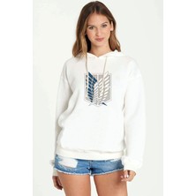 Qivi Attack On Titan Amblem Logo Baskılı Beyaz Kadın Örme Kapşonlu Sweatshirt Uzun Kol