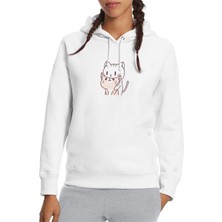 Qivi Kawaii Cat Kedi Baskılı Beyaz Kadın Örme Kapşonlu Sweatshirt Uzun Kol