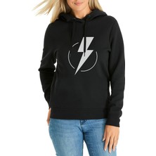 Qivi Flash Lightning Baskılı Siyah Kadın Örme Kapşonlu Sweatshirt Uzun Kol