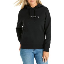 Qivi Html Baskılı Siyah Kadın Örme Kapşonlu Sweatshirt Uzun Kol
