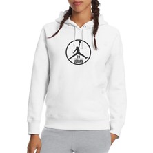 Qivi Basketbol 23 Baskılı Beyaz Kadın Örme Kapşonlu Sweatshirt Uzun Kol
