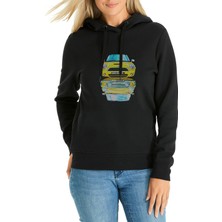 Qivi Mini Cooper S Baskılı Siyah Kadın Örme Kapşonlu Sweatshirt Uzun Kol