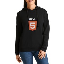 Qivi Html 5 Baskılı Siyah Kadın Örme Kapşonlu Sweatshirt Uzun Kol