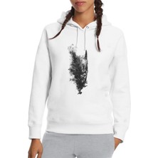 Qivi Skull Baskılı Beyaz Kadın Örme Kapşonlu Sweatshirt Uzun Kol