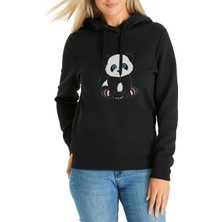 Qivi Panda Baskılı Siyah Kadın Örme Kapşonlu Sweatshirt Uzun Kol