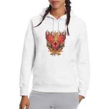 Qivi Kanatları Illüstrasyon ile Üç Kafatası Abziehtattoo Baskılı Beyaz Kadın Örme Kapşonlu Sweatshirt Uzu